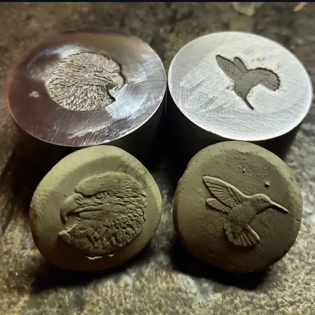 Wax seal stamps, hand-engraved with bird and crest designs